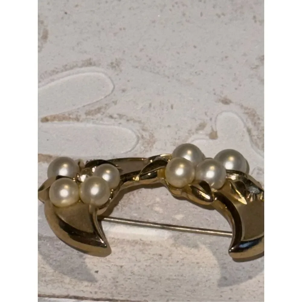 Crown  Trifari Crescent Moon Faux Pearls Brooch, signed